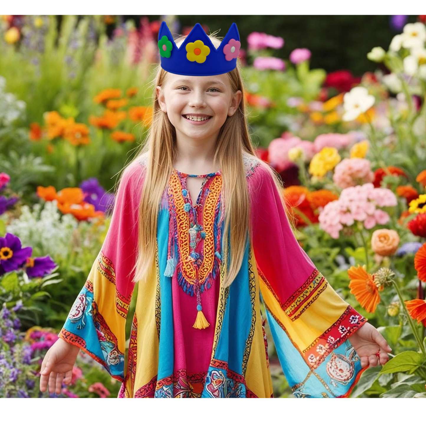 Cutie Crowns™ Kids Crown Bundle – Blue Adjustable Silicone Crown with Flower & Birthday Number Charms