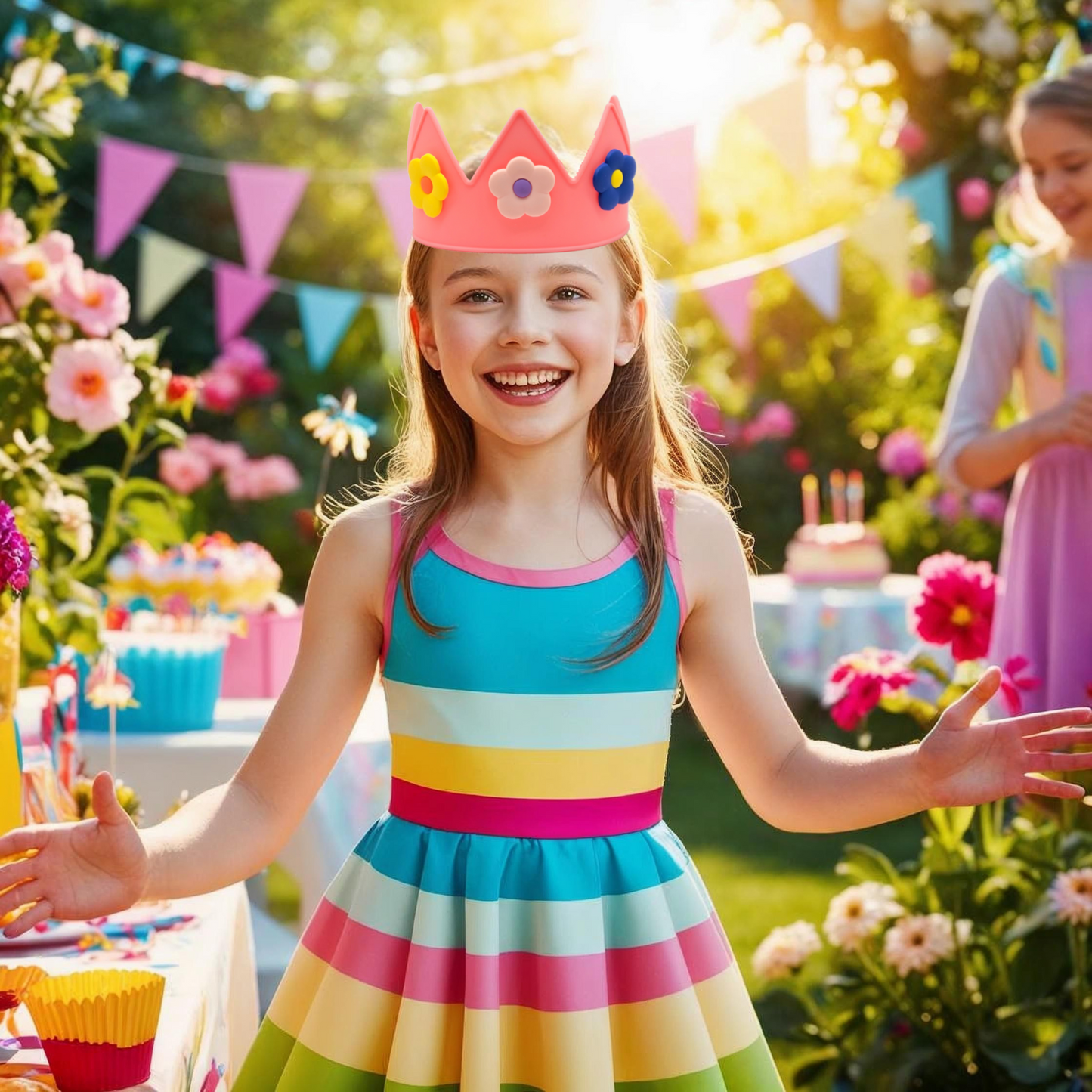 Cutie Crowns™ Kids Crown Bundle – Pink Adjustable Silicone Crown with Flower & Birthday Number Charms