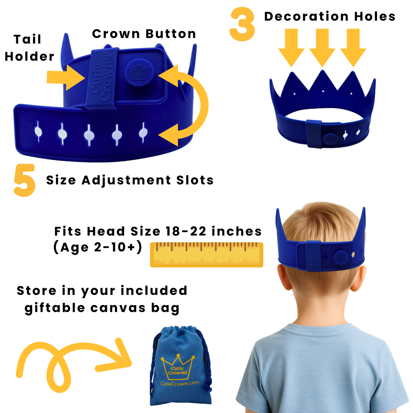 Cutie Crowns™ Kids Crown Bundle – Blue Adjustable Silicone Crown with Flower & Birthday Number Charms