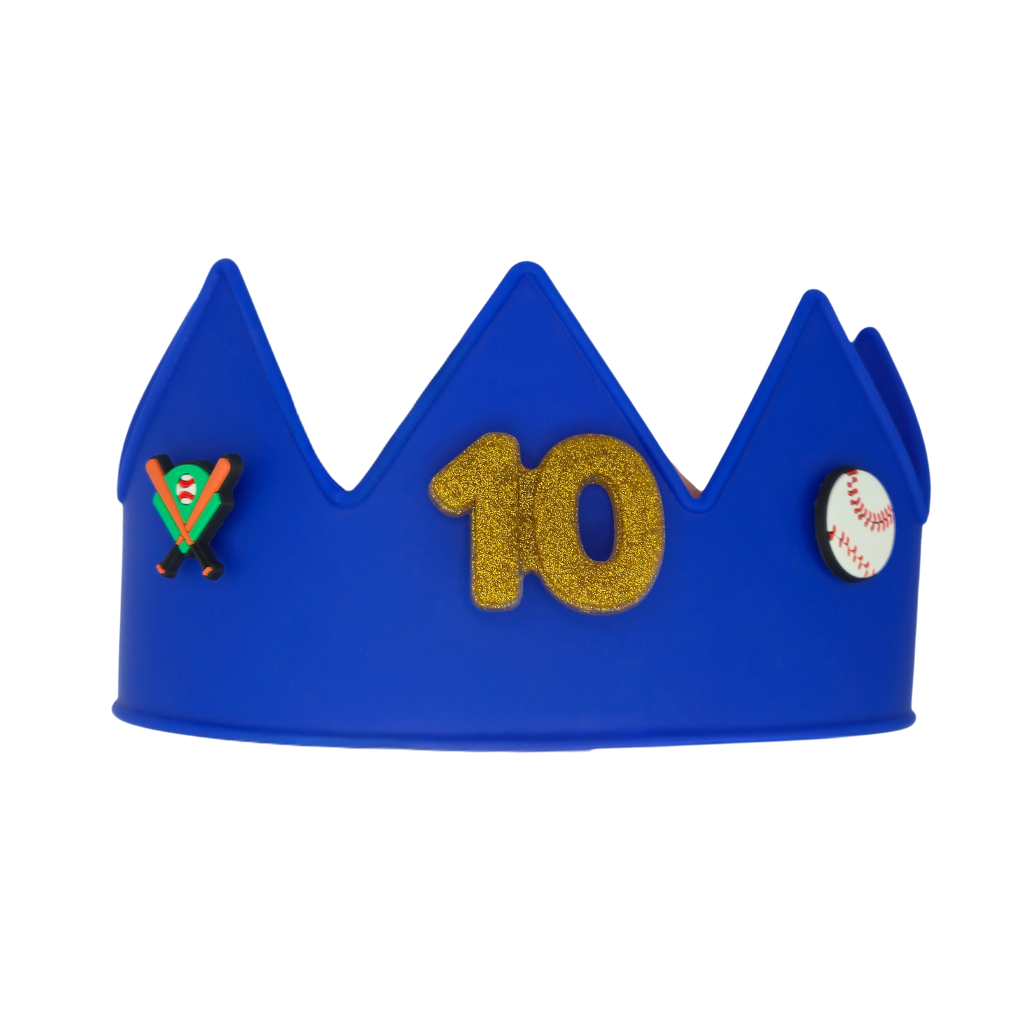 Blue Cutie Crowns® kids crown with gold number 10 charm, baseball charms, and sports theme charms for a custom birthday or team spirit crown.