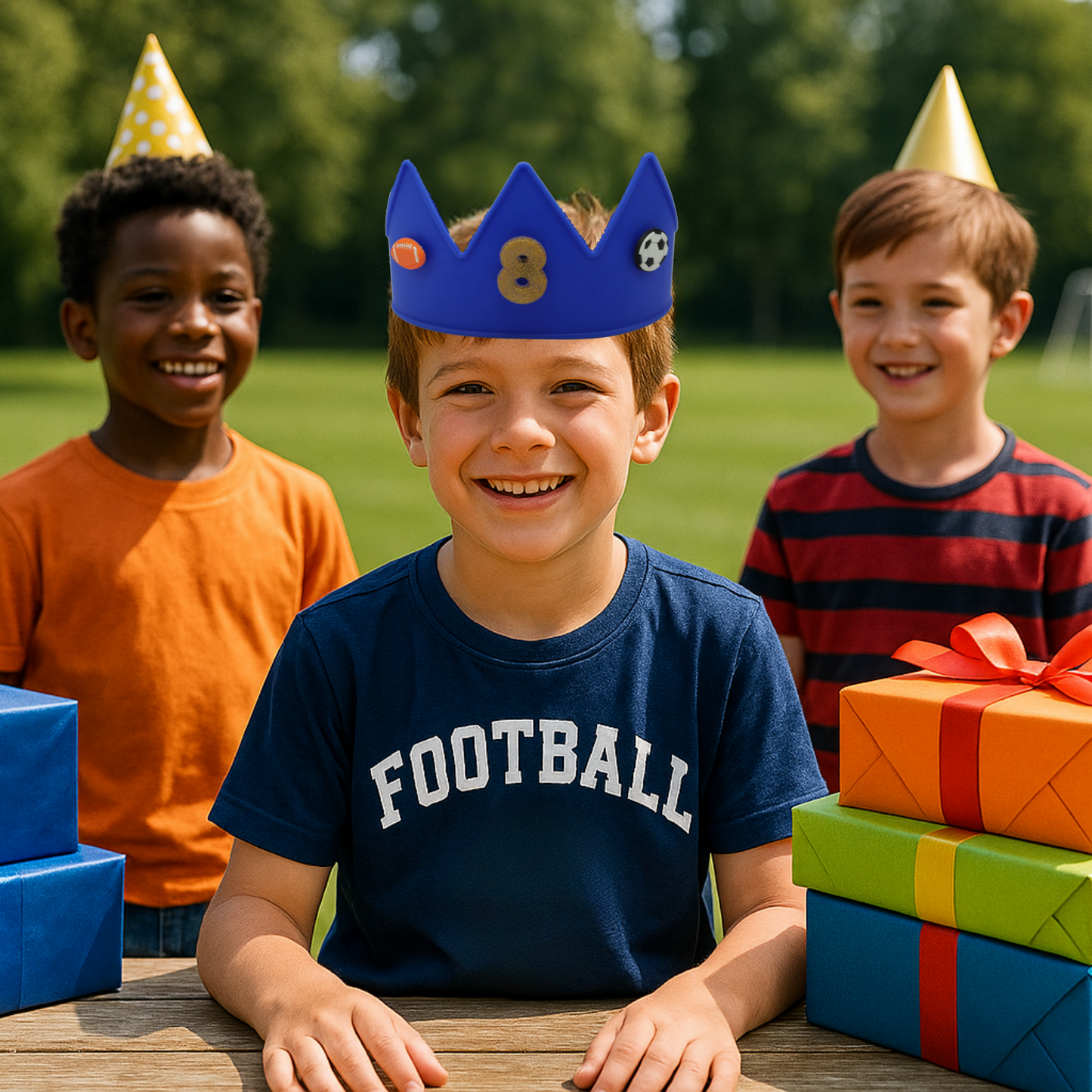 Cutie Crowns™ Kids Crown Bundle – Blue Adjustable Silicone Crown with Flower & Birthday Number Charms
