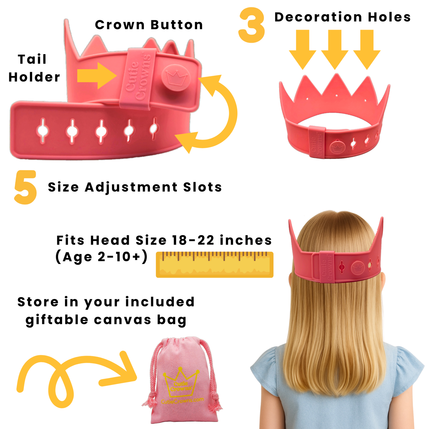 Cutie Crowns™ Kids Crown Bundle – Pink Adjustable Silicone Crown with Flower & Birthday Number Charms