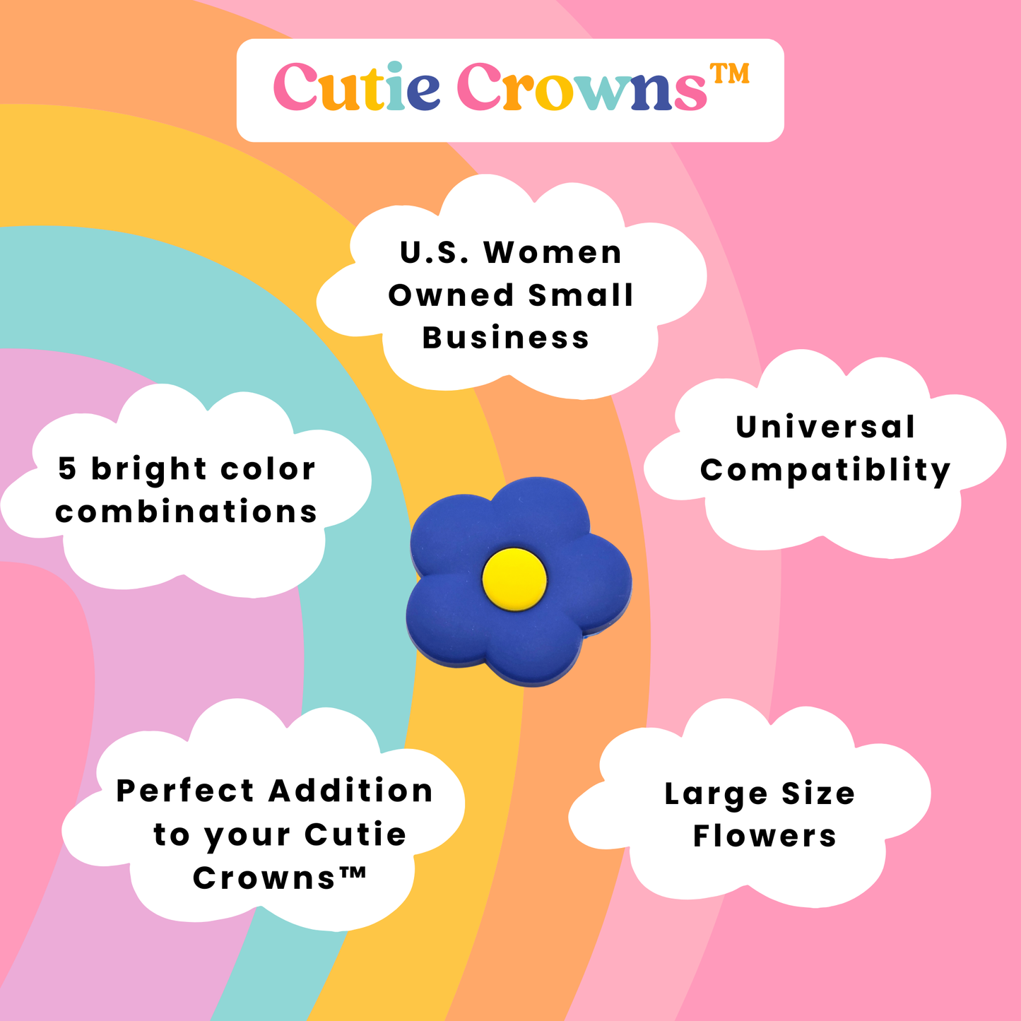 Cutie Crowns™ Daisy Flower Charms – 5-Pack Colorful Birthday Crown & Clog Shoe Accessories
