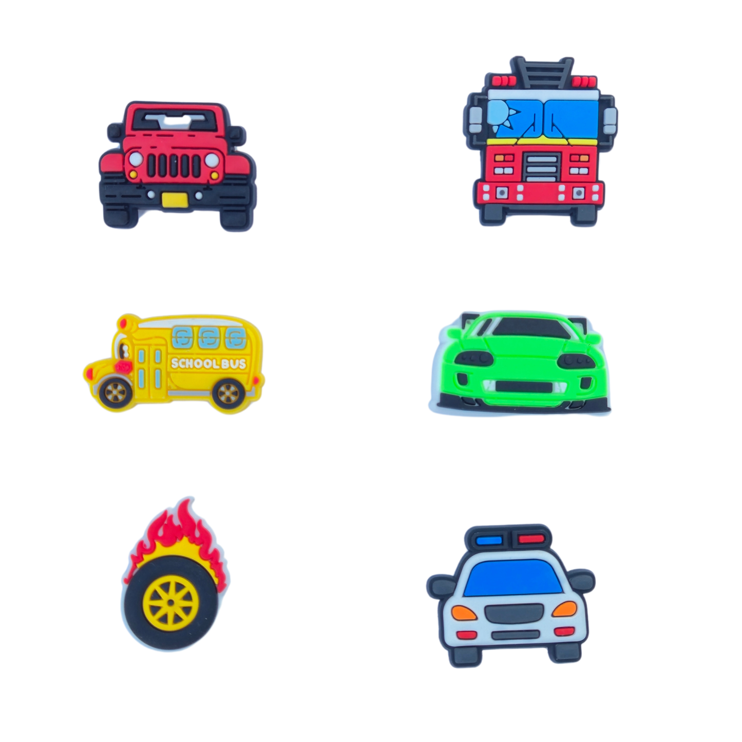 Vehicle shoe charm pack with jeep, fire truck, school bus, race car, flaming tire, and police car charms for kids.