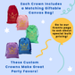 Cutie Crowns colorful canvas gift bags in red, pink, green, blue, and purple for custom kids crowns, birthday party favors, and bulk event orders.