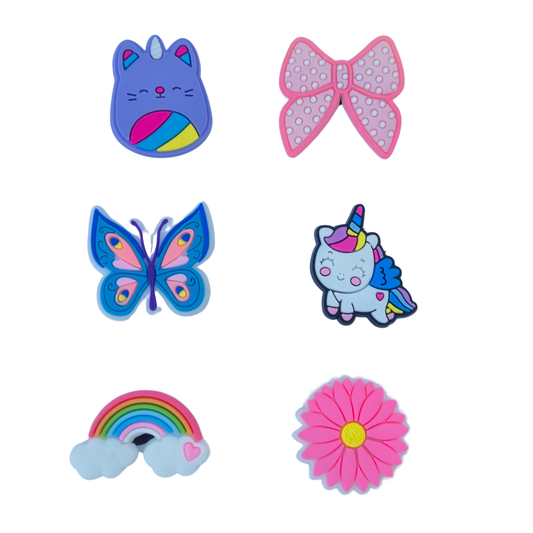 Unicorn rainbow shoe charm pack with butterfly, bow, flower, rainbow, unicorn, and cat charms for kids.