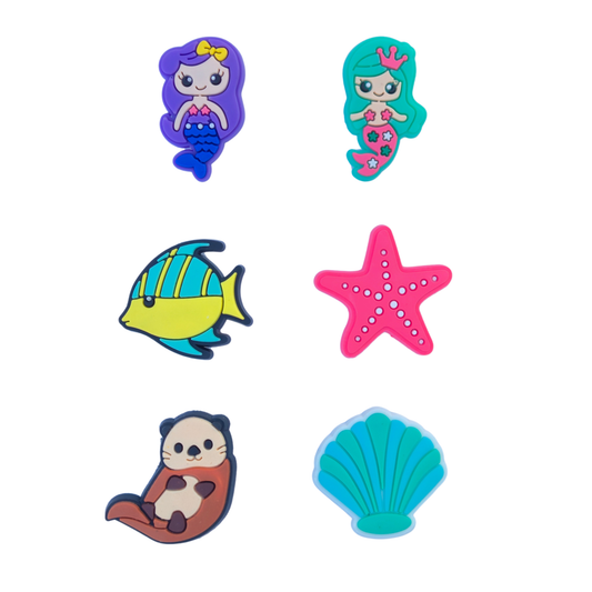 Six colorful charms-Mermaid ocean shoe charm pack with mermaids, fish, starfish, sea otter, and seashell charms for kids.