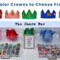 Cutie Crowns charm bar with five adjustable kids crown colors, removable shoe charms, and gift bags for birthday parties, favors, and events.