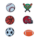 Sports shoe charm 6 pack with baseball, basketball, soccer ball, football, football helmet, and crossed bats charms for kids.