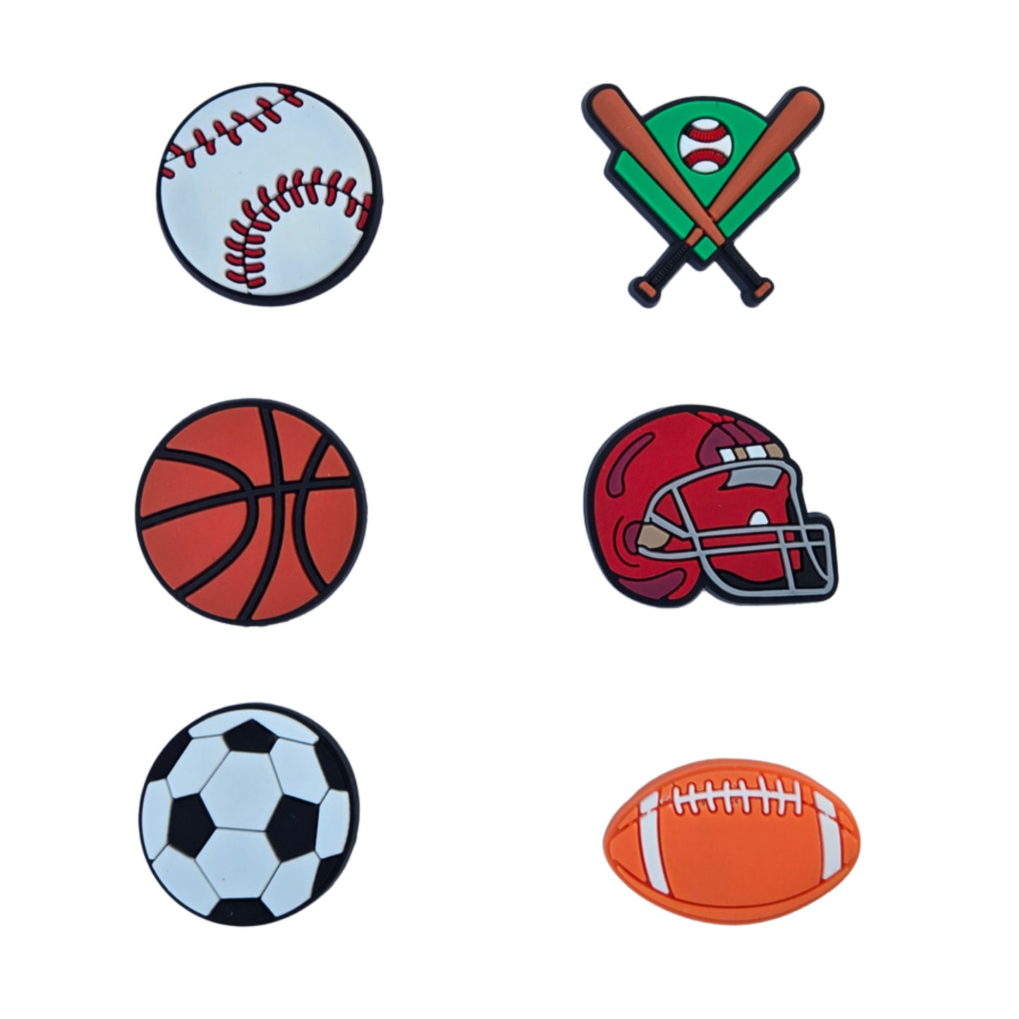 Sports shoe charm 6 pack with baseball, basketball, soccer ball, football, football helmet, and crossed bats charms for kids.