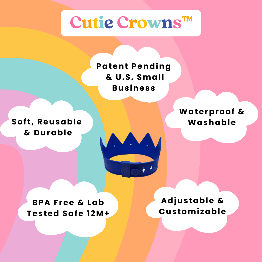Cutie Crowns™ Kids Crown Bundle – Blue Adjustable Silicone Crown with Flower & Birthday Number Charms