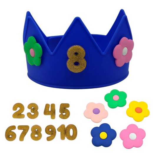 Cutie Crowns™ Kids Crown Bundle – Blue Adjustable Silicone Crown with Flower & Birthday Number Charms