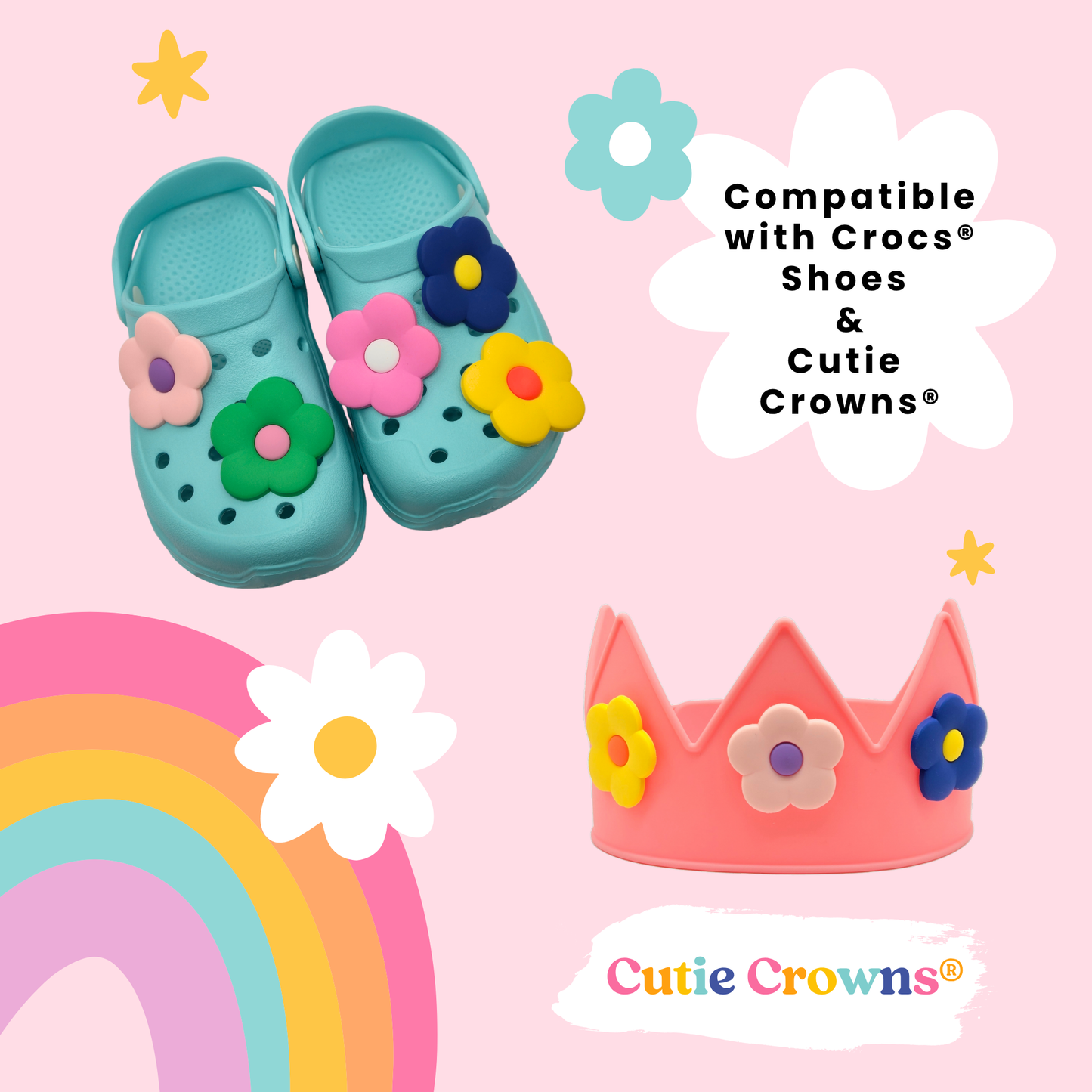 Large Flower Shoe Charms Bright Colorful Cute Charms Compatible with Crocs clog shoes and Cutie Crowns. Decorate your shoes or crowns for retro flower charms.