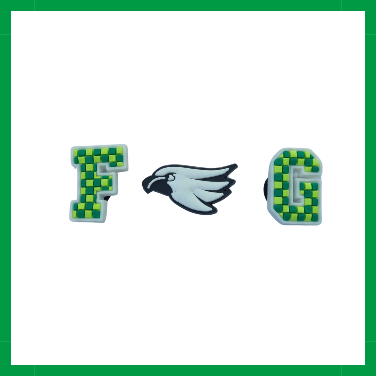 Forest Grove Falcons School Mascot Charms. Green and White to decorate Crocs or Cutie Crowns