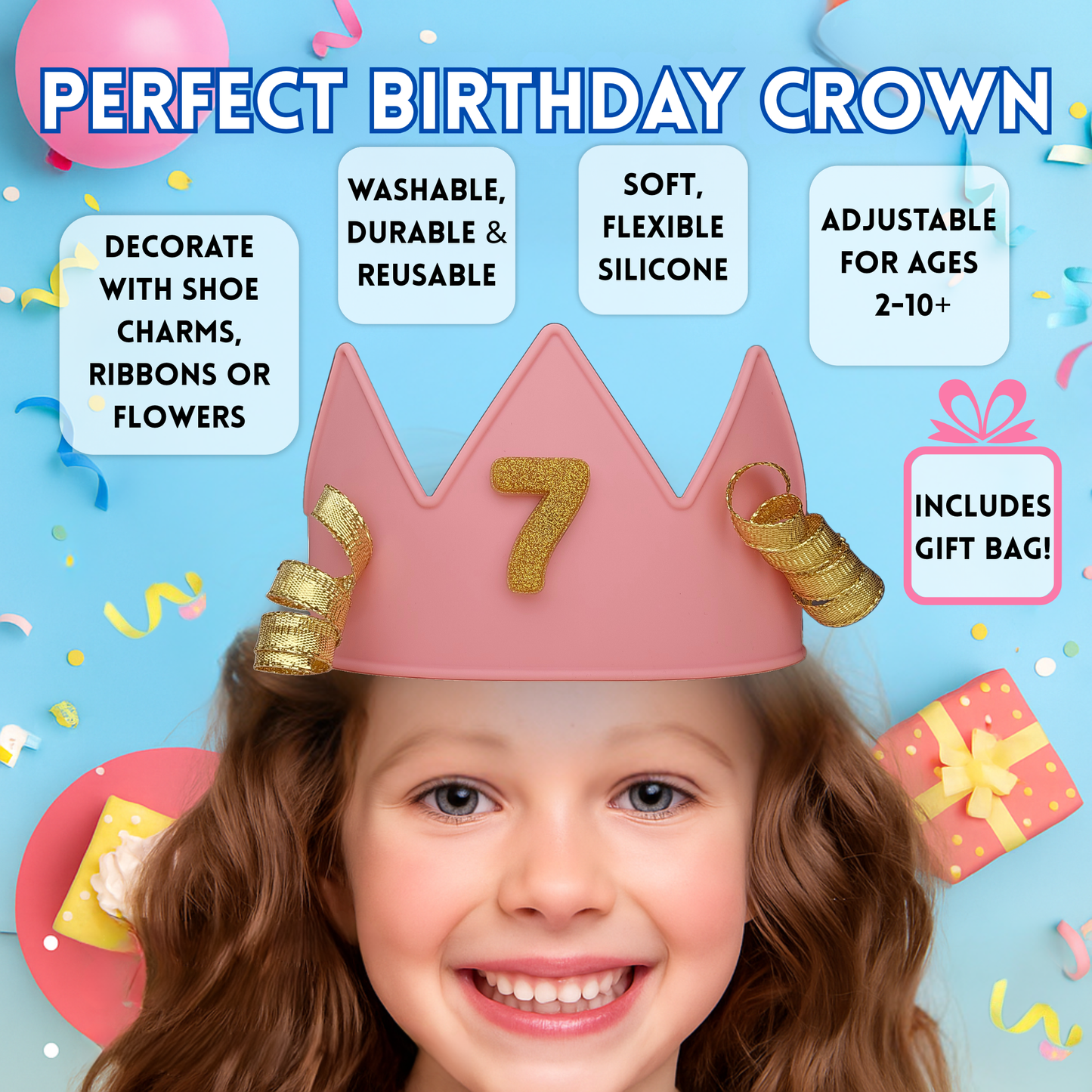 Kids birthday crown benefits: adjustable, washable, durable silicone Cutie Crowns; comfy party-ready fit ages 2–10+.