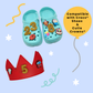 Sparkly gold number charms on Crocs® shoes and a Cutie Crowns® crown, showing birthday, sports, and custom number charm ideas. Personalized kids accessories.