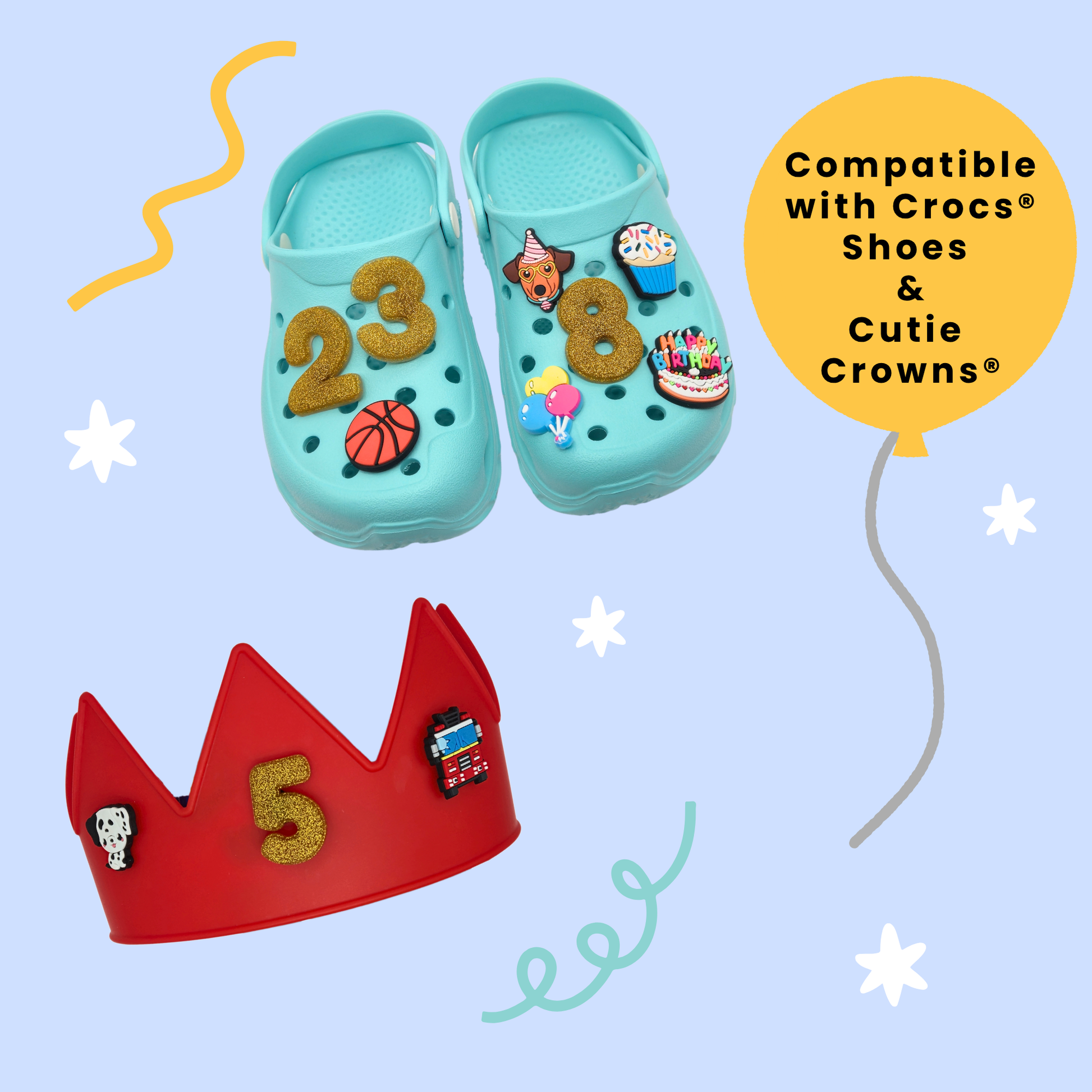 Sparkly gold number charms on Crocs® shoes and a Cutie Crowns® crown, showing birthday, sports, and custom number charm ideas. Personalized kids accessories.