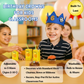 Child wearing a blue birthday crown, surrounded by balloons and other children, with text about birthday crowns for kids classrooms and Cutie Crowns adjustable silicone kids crown in classroom; durable, washable, reusable, safe to share, secure fit and adjustable to 5 sizes Aes 2-10+