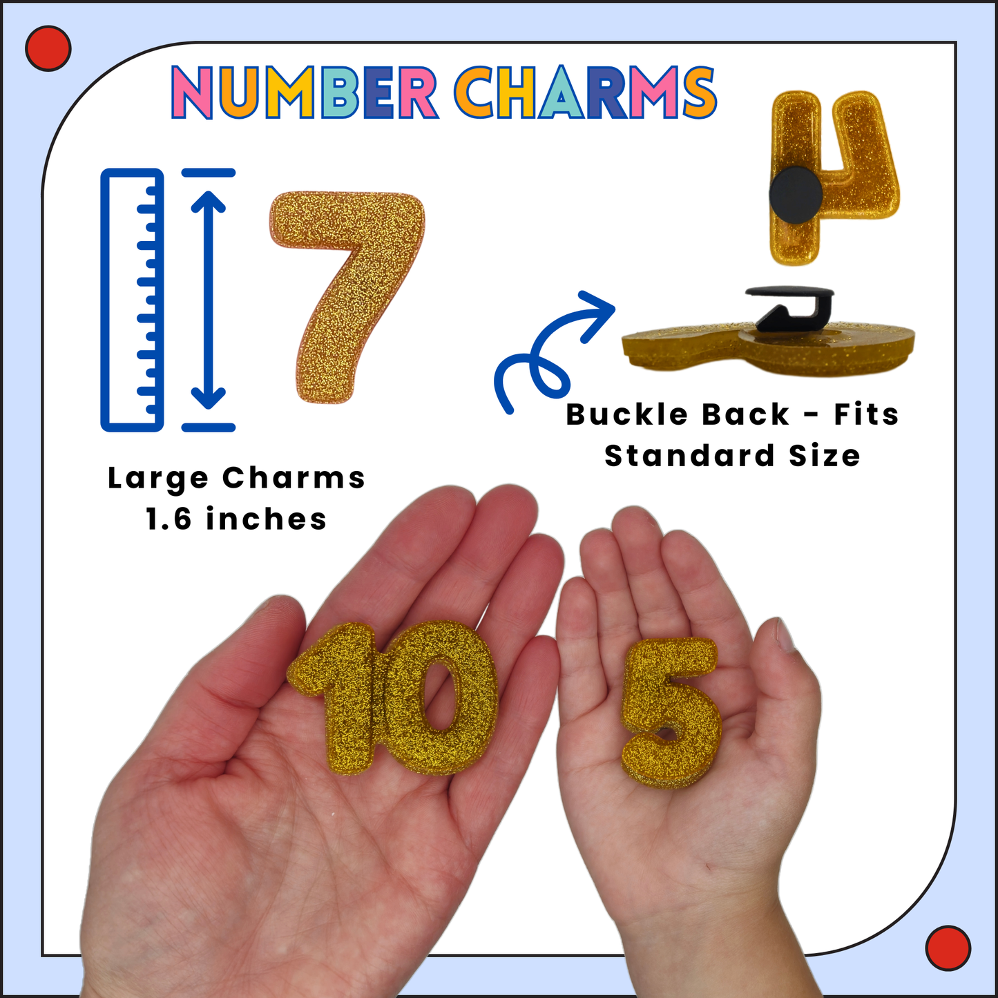 Large sparkly gold number charms for Cutie Crowns and charm-ready shoes like Crocs, featuring 1.6 inch size and standard buckle-back fit. 