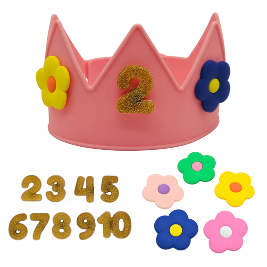 Cutie Crowns™ Kids Crown Bundle – Pink Adjustable Silicone Crown with Flower & Birthday Number Charms