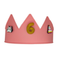 Pink Cutie Crowns® kids crown with gold number 6 charm, cat charm, and birthday cake charm for a personalized birthday crown.