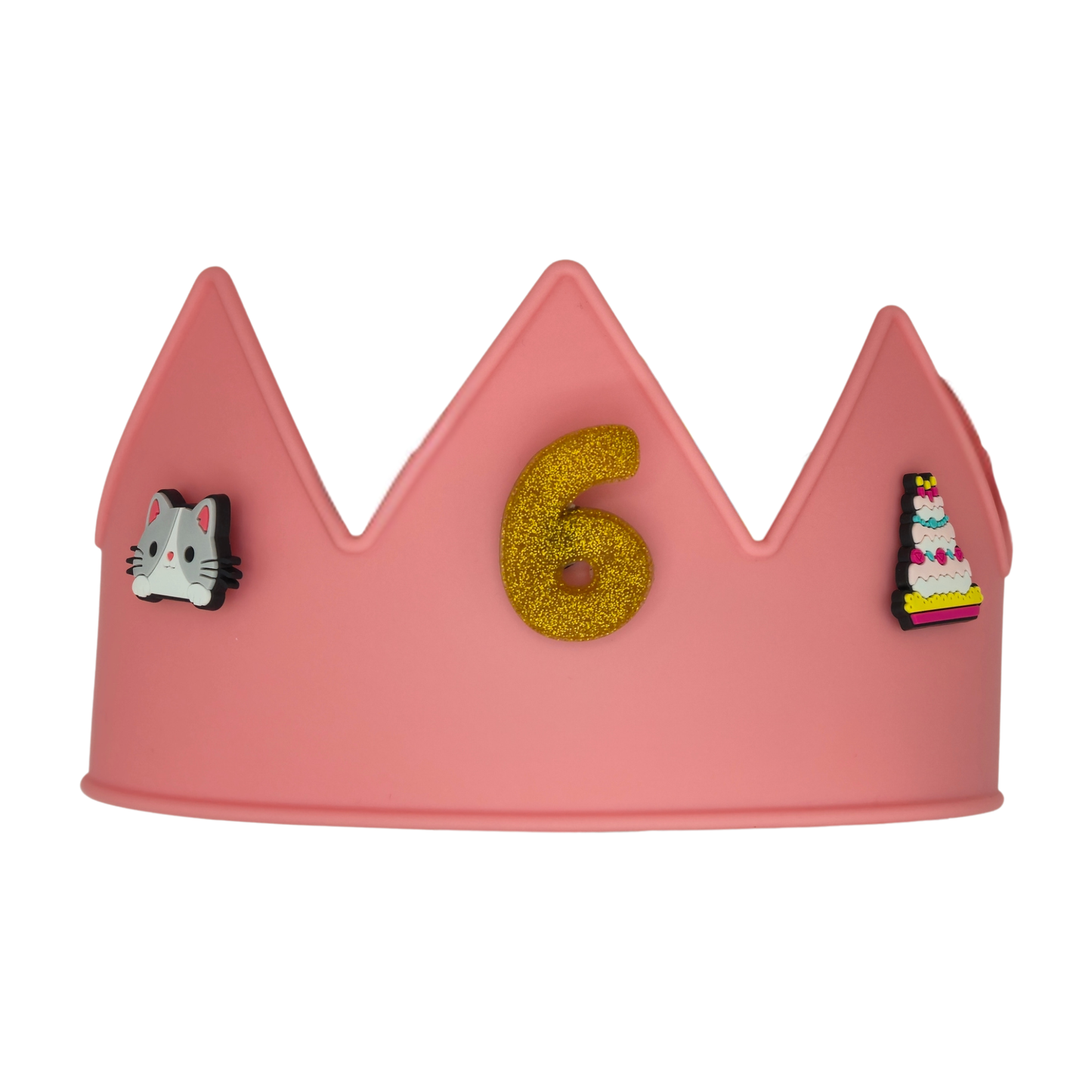 Pink Cutie Crowns® kids crown with gold number 6 charm, cat charm, and birthday cake charm for a personalized birthday crown.