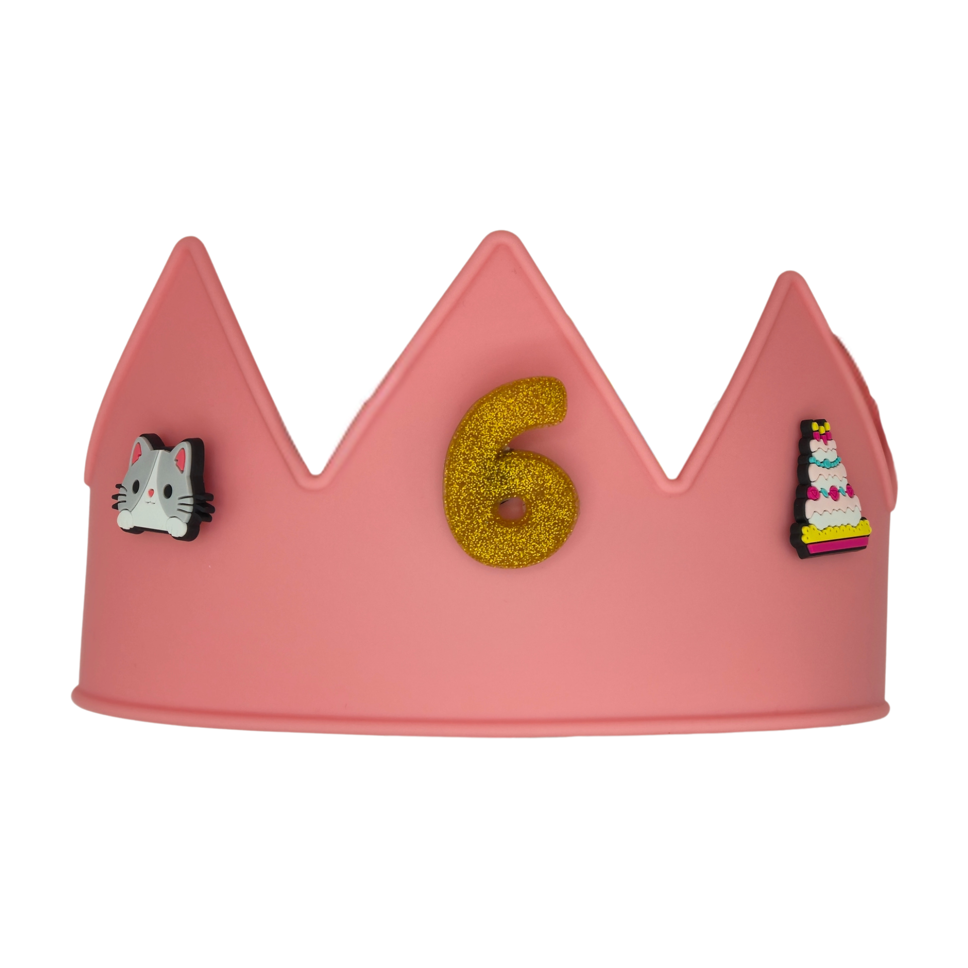 Pink Cutie Crowns® kids crown with gold number 6 charm, cat charm, and birthday cake charm for a personalized birthday crown.