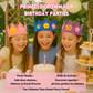 Princess party scene: girls decorating Cutie Crowns with shoe charms; photo-ready, keepsake take-home party favor.