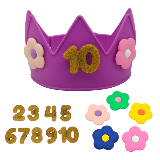 Cutie Crowns™ Kids Crown Bundle – Purple Adjustable Silicone Crown with Flower & Birthday Number Charms
