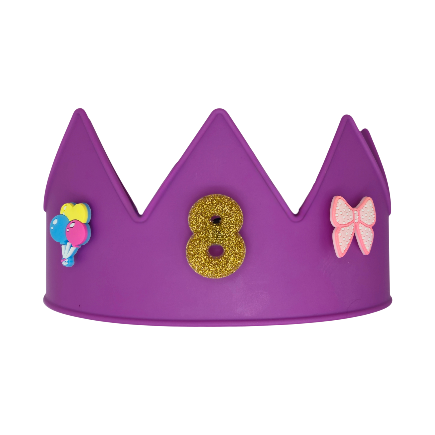 Purple Cutie Crowns® kids crown with gold number 8 charm, balloon charm, and bow charm for a personalized birthday crown.