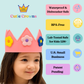 Child wearing a pink crown with flowers, featuring 'Cutie Crowns' branding and safety features BPA Free, Waterproof & Dishwasher Safe, Lab Tested Safe for Kids 12M+, Small Business, and Patent Pending.