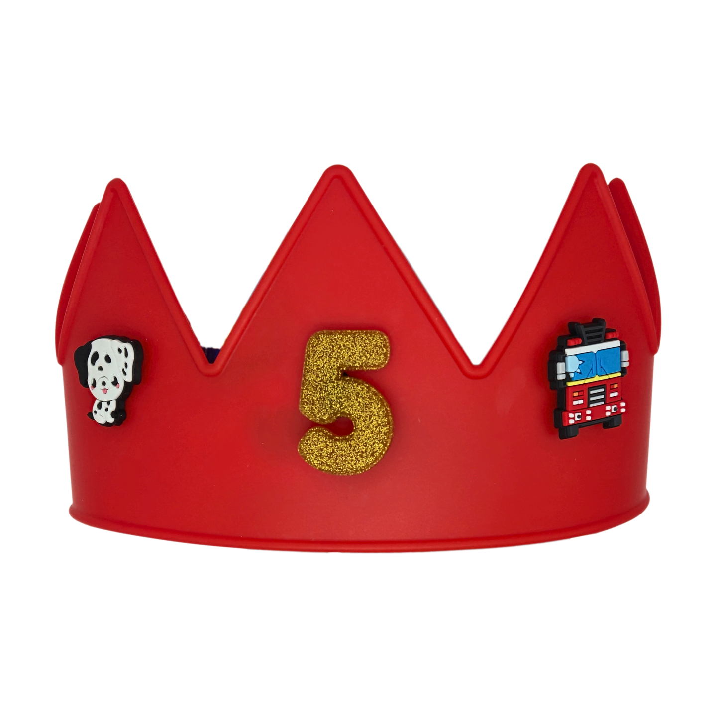 Red Cutie Crowns® kids crown with gold number 5 charm, puppy charm, and fire truck charm for a custom birthday crown for boys.