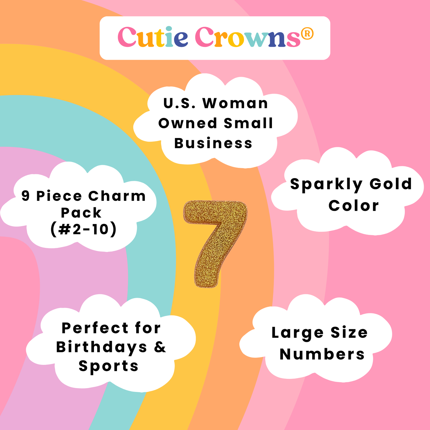 Sparkly gold number charm from Cutie Crowns 9-piece charm pack for birthdays, sports, custom crowns, and charm-ready shoes like Crocs®.