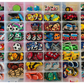 A grid of small compartments filled with colorful embroidered patches featuring sports and pop culture designs, including soccer balls, basketballs, cars, helmets,  superhero, animals, and cartoon characters.